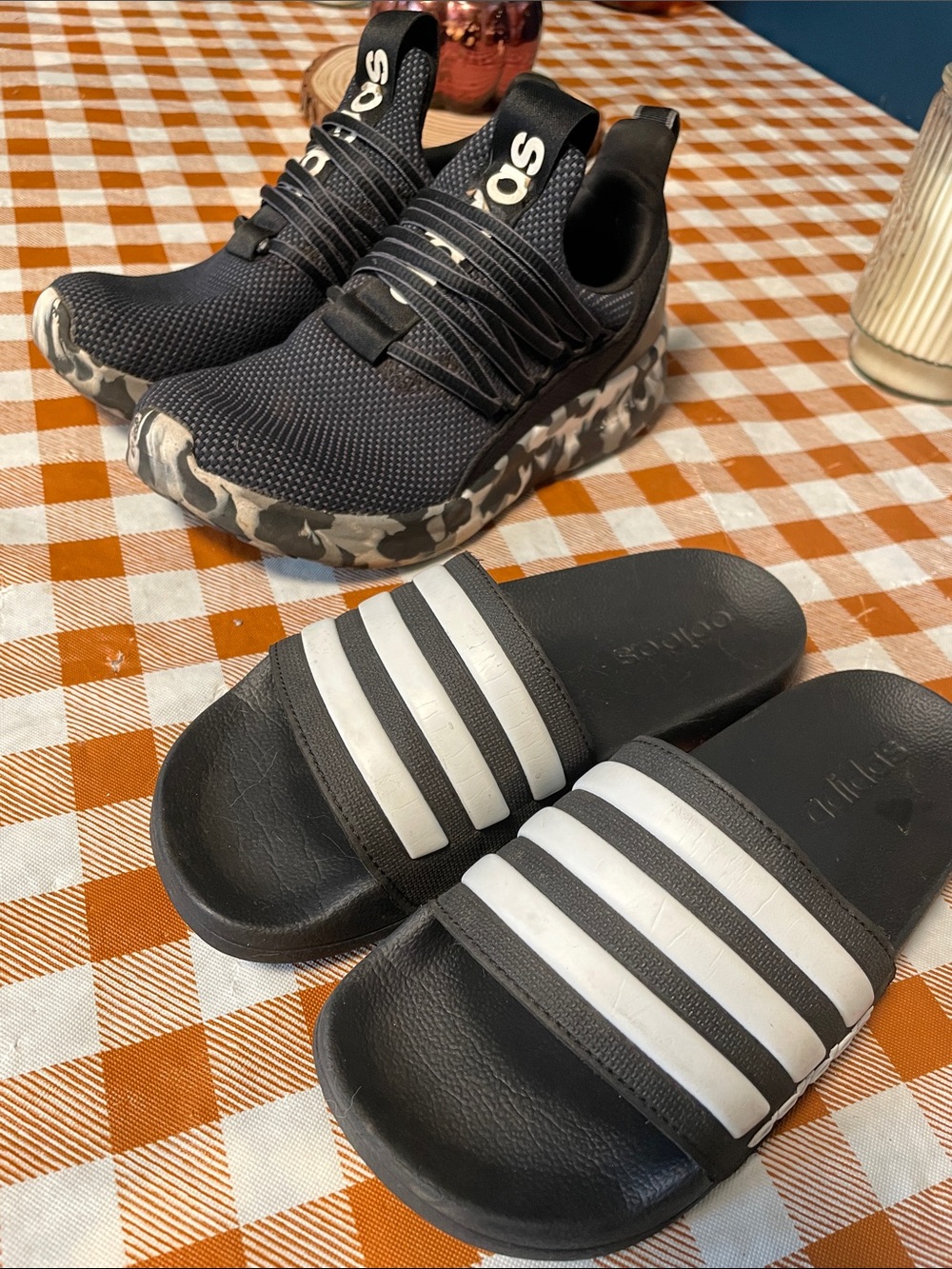 adidas Black Slip-On Kids Sneakers and adidas slides